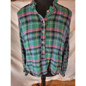 Anthropologie Pilcro Womens Shirt Cropped Puff-Sleeve Soft Crinkle Plaid Size S
